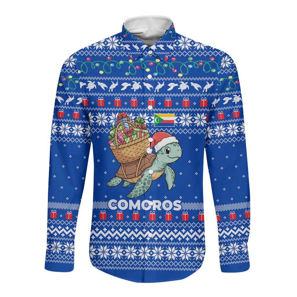 Comoros Christmas Long Sleeve Button Shirt Santa Turtle Gifts Snowflakes and Ocean Blue - African Pride