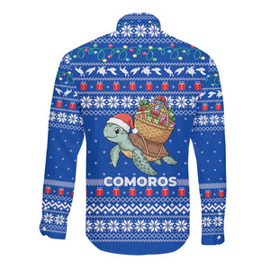 Comoros Christmas Long Sleeve Button Shirt Santa Turtle Gifts Snowflakes and Ocean Blue - African Pride