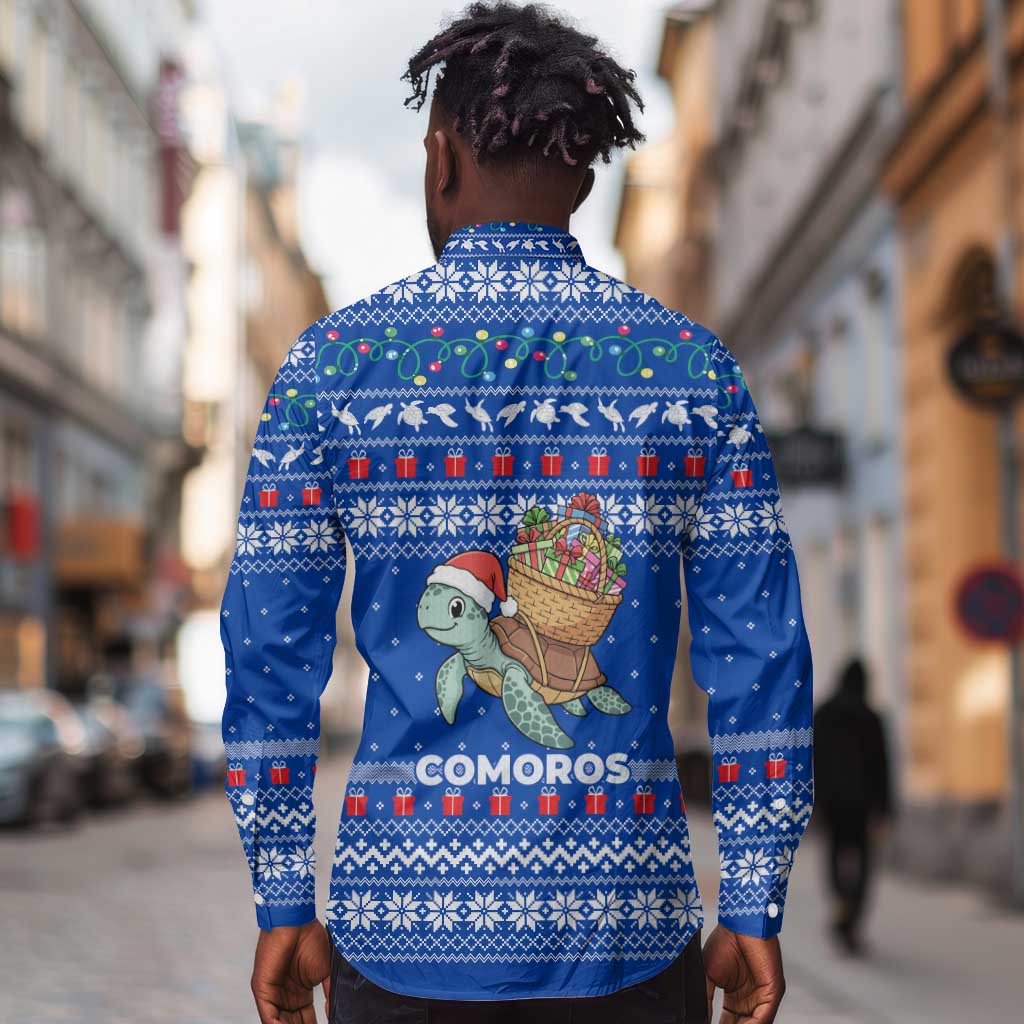 Comoros Christmas Long Sleeve Button Shirt Santa Turtle Gifts Snowflakes and Ocean Blue - African Pride