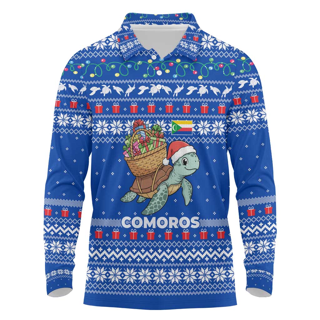 Comoros Christmas Long Sleeve Polo Shirt Santa Turtle Gifts Snowflakes and Ocean Blue - African Pride