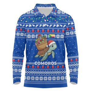 Comoros Christmas Long Sleeve Polo Shirt Santa Turtle Gifts Snowflakes and Ocean Blue - African Pride