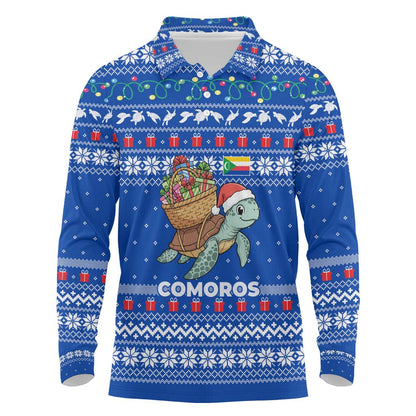 Comoros Christmas Long Sleeve Polo Shirt Santa Turtle Gifts Snowflakes and Ocean Blue - African Pride
