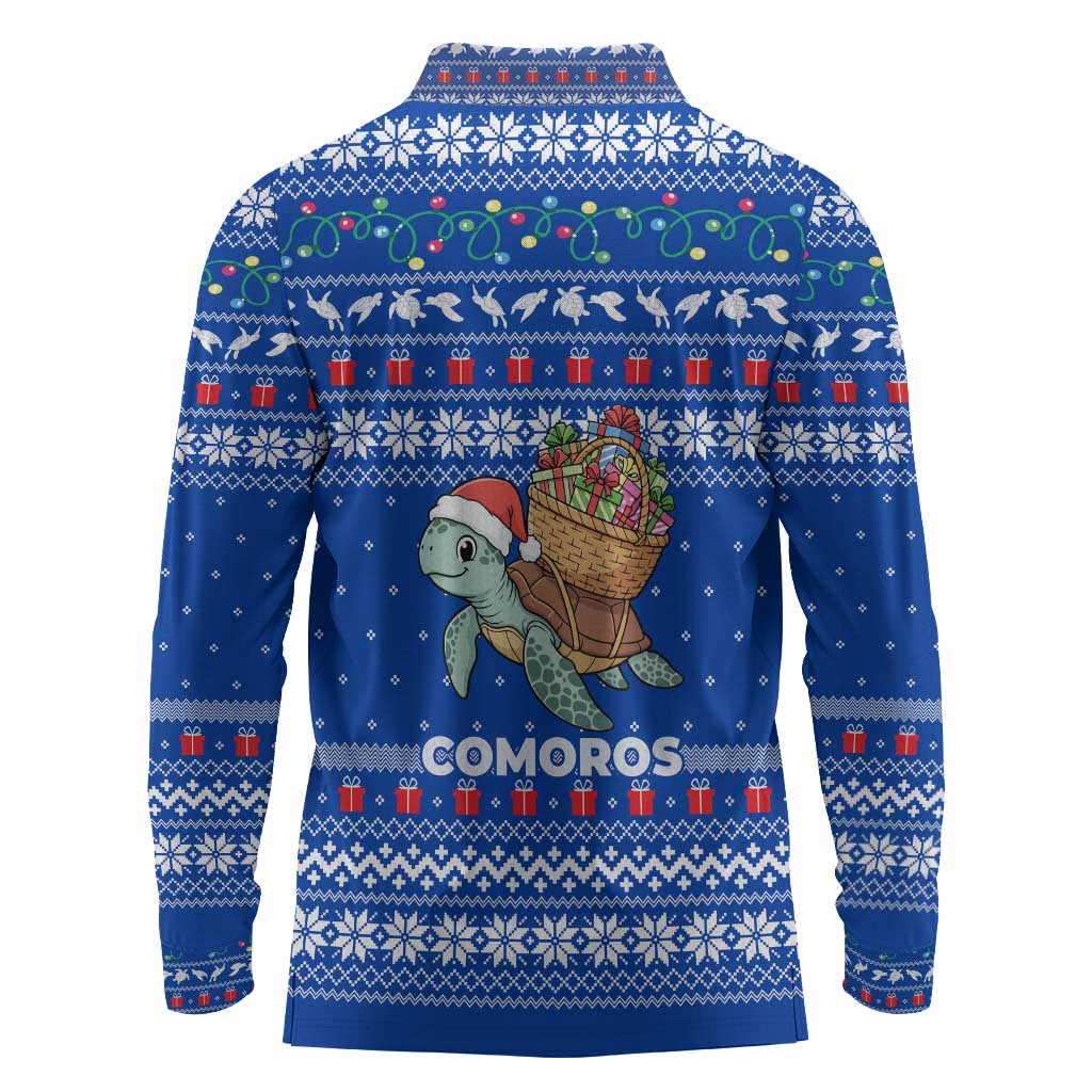 Comoros Christmas Long Sleeve Polo Shirt Santa Turtle Gifts Snowflakes and Ocean Blue - African Pride