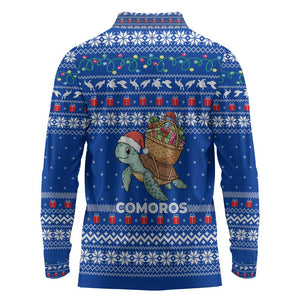 Comoros Christmas Long Sleeve Polo Shirt Santa Turtle Gifts Snowflakes and Ocean Blue - African Pride