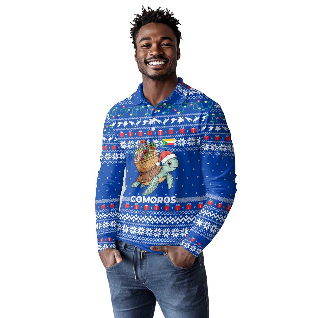 Comoros Christmas Long Sleeve Polo Shirt Santa Turtle Gifts Snowflakes and Ocean Blue - African Pride