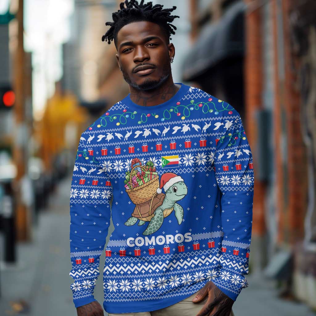 Comoros Christmas Long Sleeve Shirt Santa Turtle Gifts Snowflakes and Ocean Blue - African Pride