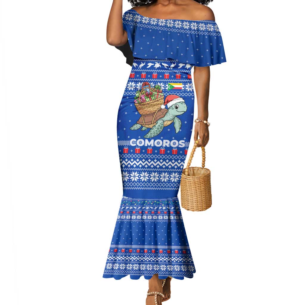 Comoros Christmas Mermaid Dress Santa Turtle Gifts Snowflakes and Ocean Blue - African Pride