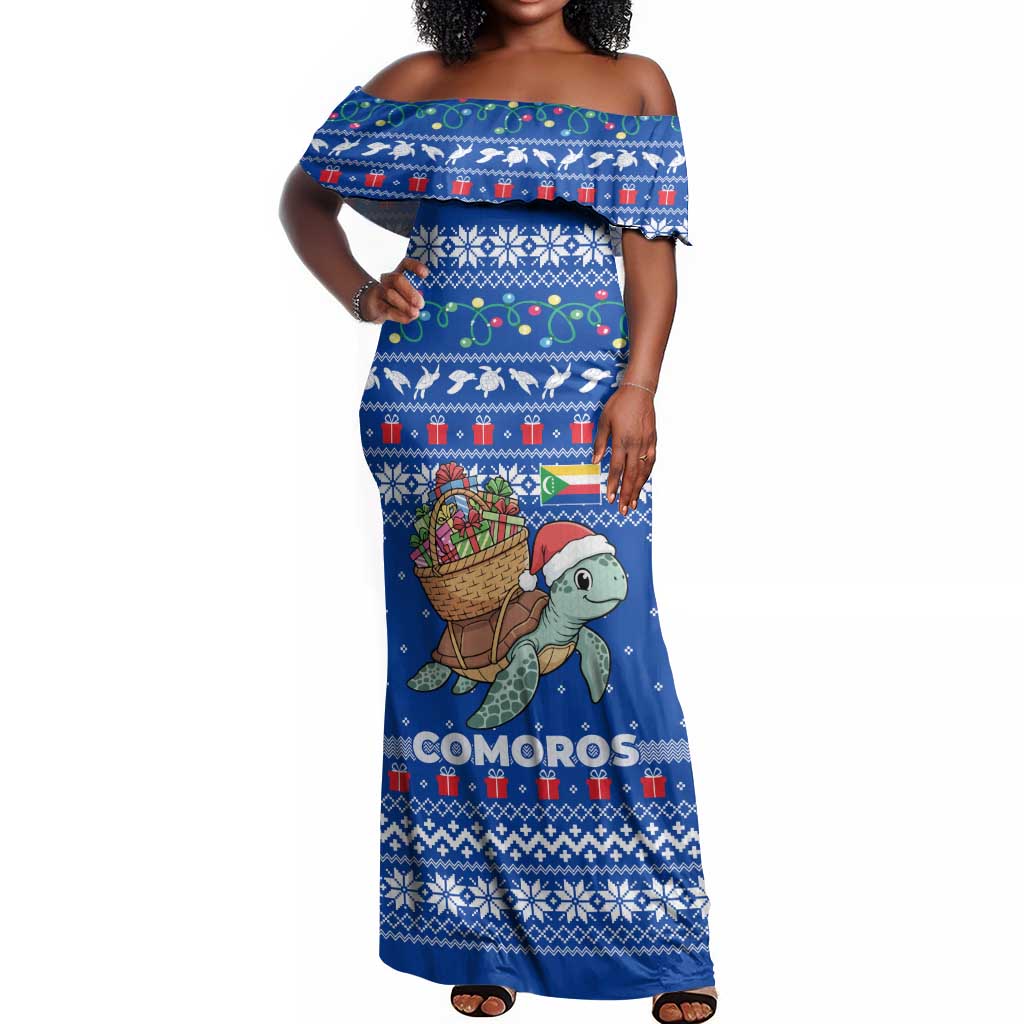 Comoros Christmas Off Shoulder Maxi Dress Santa Turtle Gifts Snowflakes and Ocean Blue - African Pride