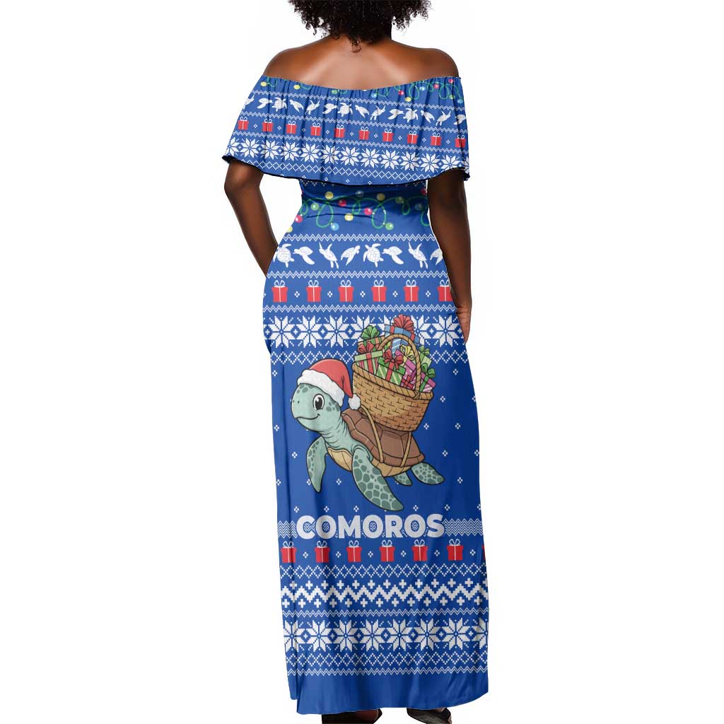 Comoros Christmas Off Shoulder Maxi Dress Santa Turtle Gifts Snowflakes and Ocean Blue - African Pride