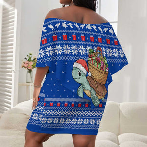 Comoros Christmas Off Shoulder Short Dress Santa Turtle Gifts Snowflakes and Ocean Blue - African Pride