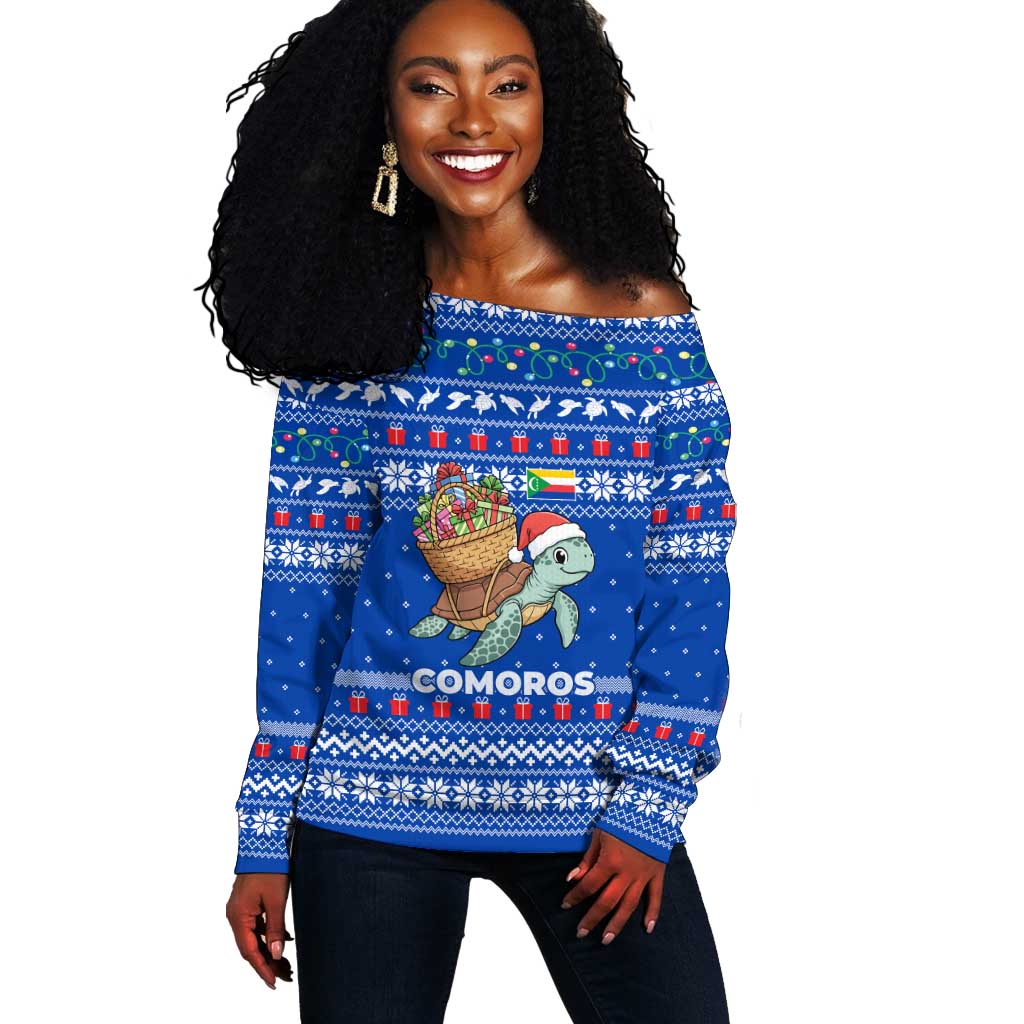 Comoros Christmas Off Shoulder Sweater Santa Turtle Gifts Snowflakes and Ocean Blue - African Pride