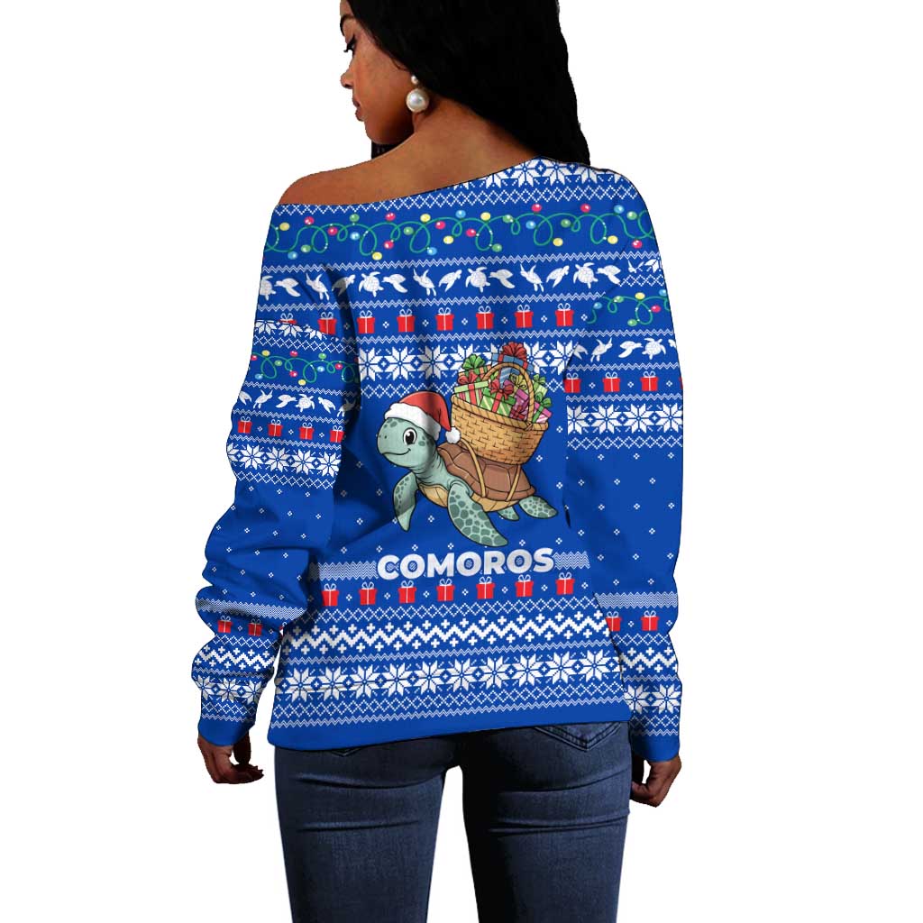 Comoros Christmas Off Shoulder Sweater Santa Turtle Gifts Snowflakes and Ocean Blue - African Pride