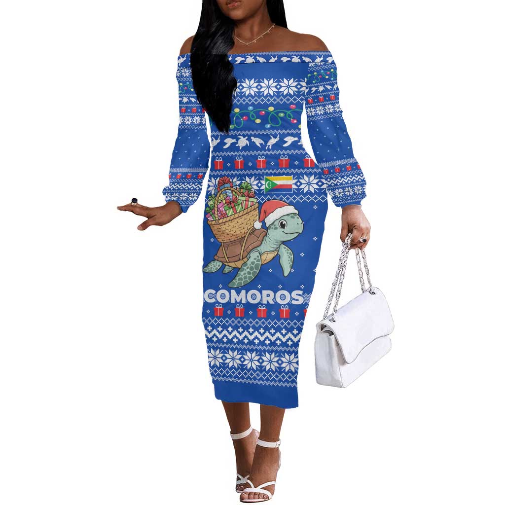 Comoros Christmas Off The Shoulder Long Sleeve Dress Santa Turtle Gifts Snowflakes and Ocean Blue - African Pride