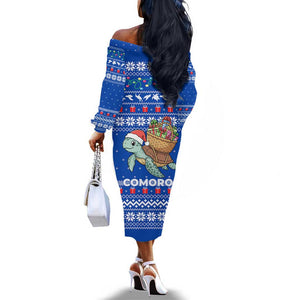 Comoros Christmas Off The Shoulder Long Sleeve Dress Santa Turtle Gifts Snowflakes and Ocean Blue - African Pride