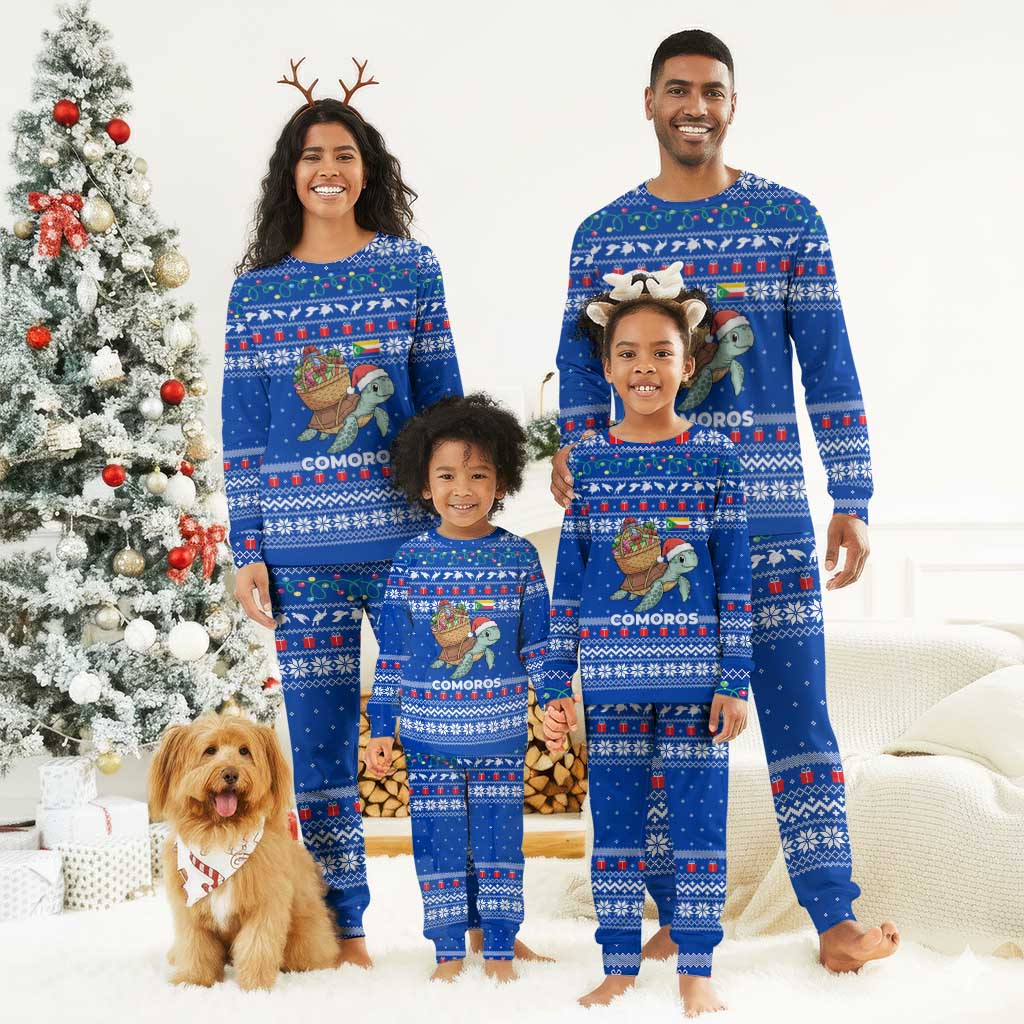 Comoros Christmas Pajama Set Santa Turtle Gifts Snowflakes and Ocean Blue - African Pride