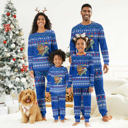 Comoros Christmas Pajama Set Santa Turtle Gifts Snowflakes and Ocean Blue - African Pride