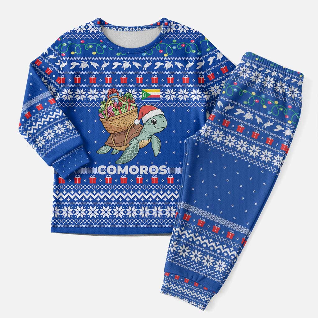 Comoros Christmas Pajama Set Santa Turtle Gifts Snowflakes and Ocean Blue - African Pride