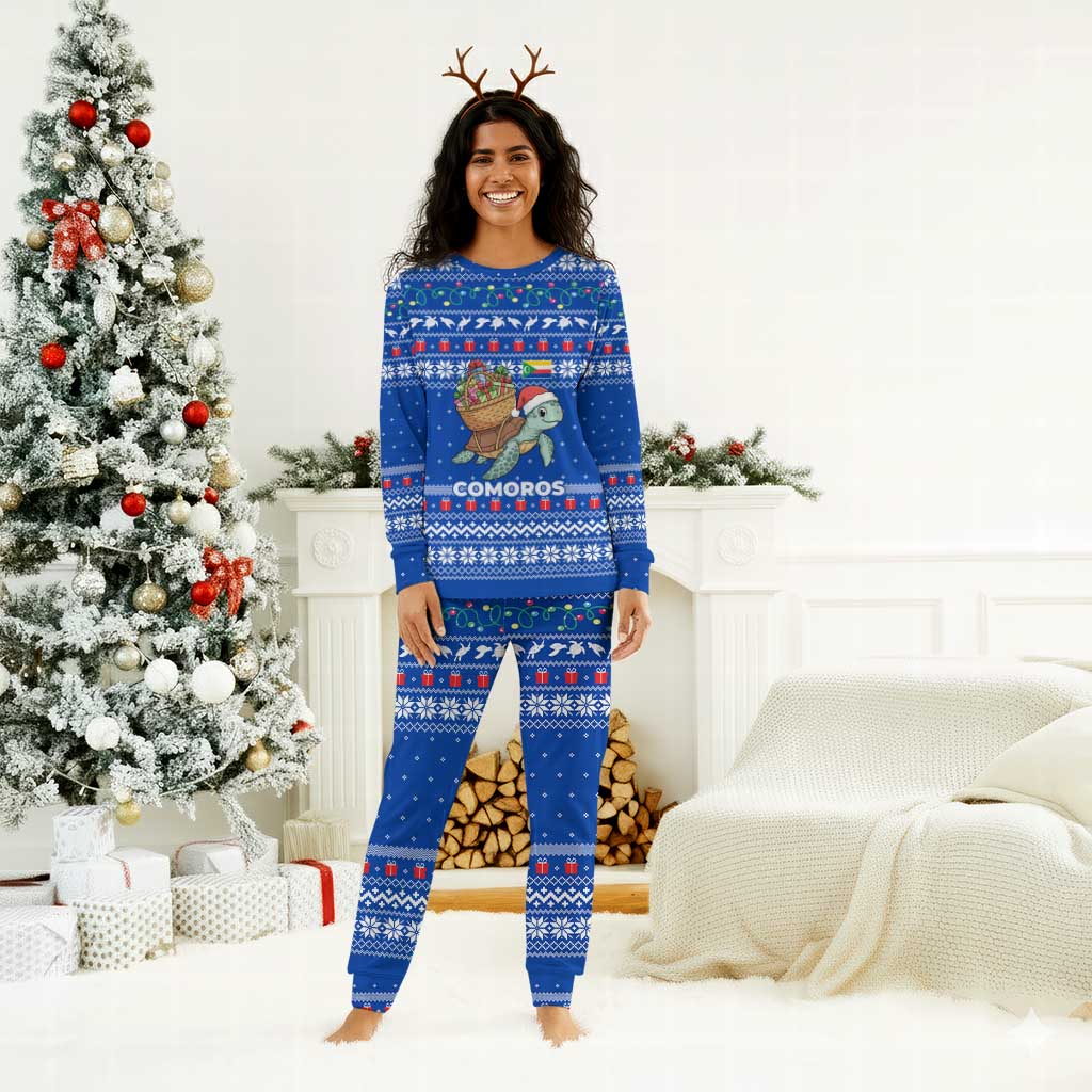 Comoros Christmas Pajama Set Santa Turtle Gifts Snowflakes and Ocean Blue - African Pride