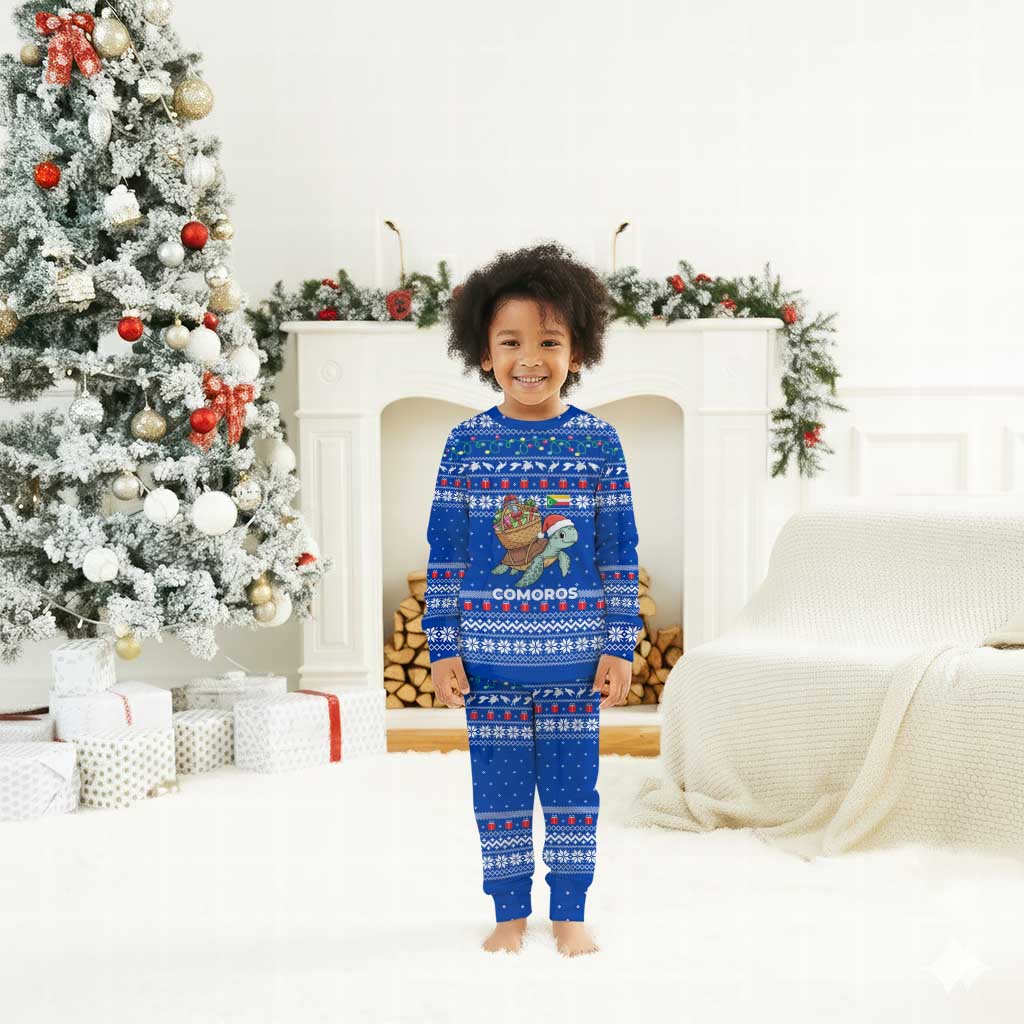 Comoros Christmas Pajama Set Santa Turtle Gifts Snowflakes and Ocean Blue - African Pride
