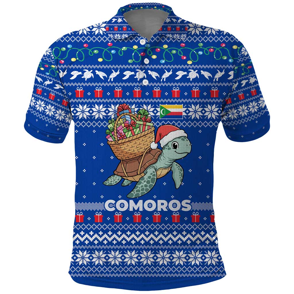 Comoros Christmas Polo Shirt Santa Turtle Gifts Snowflakes and Ocean Blue - African Pride