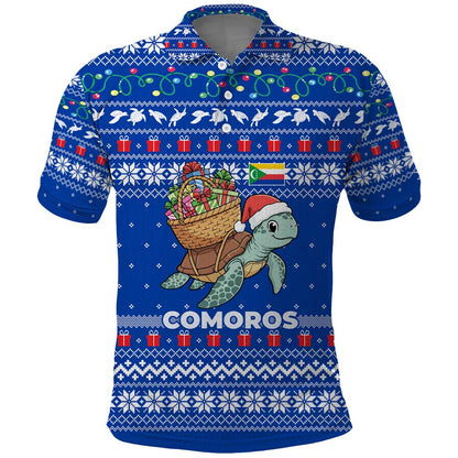 Comoros Christmas Polo Shirt Santa Turtle Gifts Snowflakes and Ocean Blue - African Pride