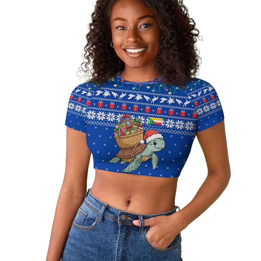Comoros Christmas Raglan Cropped T shirt Santa Turtle Gifts Snowflakes and Ocean Blue - African Pride