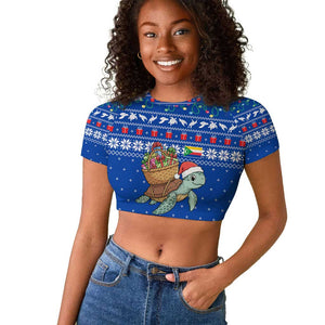 Comoros Christmas Raglan Cropped T shirt Santa Turtle Gifts Snowflakes and Ocean Blue - African Pride