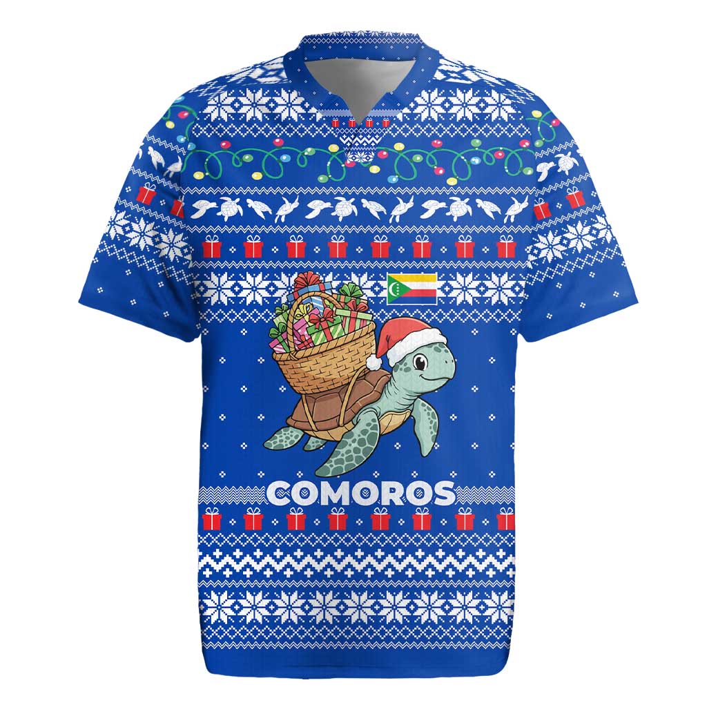 Comoros Christmas Rugby Jersey Santa Turtle Gifts Snowflakes and Ocean Blue - African Pride