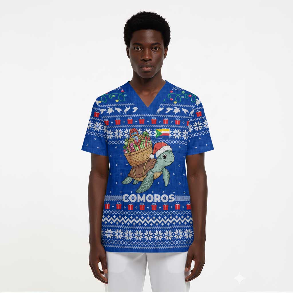 Comoros Christmas Scrub Top Santa Turtle Gifts Snowflakes and Ocean Blue - African Pride