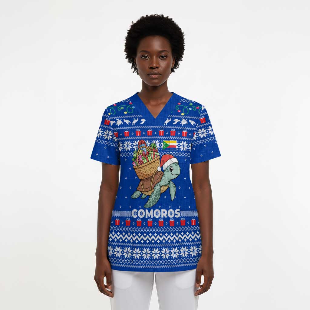Comoros Christmas Scrub Top Santa Turtle Gifts Snowflakes and Ocean Blue - African Pride