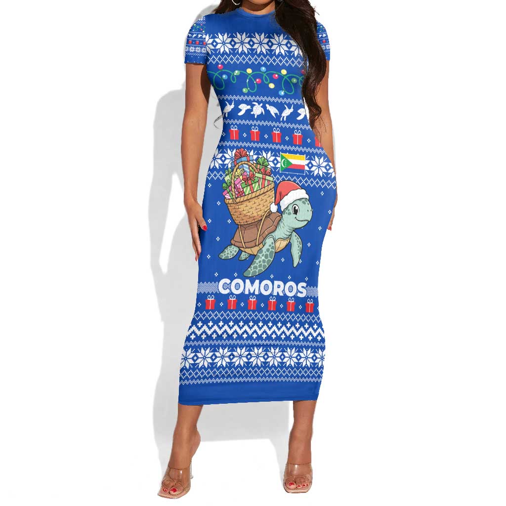 Comoros Christmas Short Sleeve Bodycon Dress Santa Turtle Gifts Snowflakes and Ocean Blue - African Pride