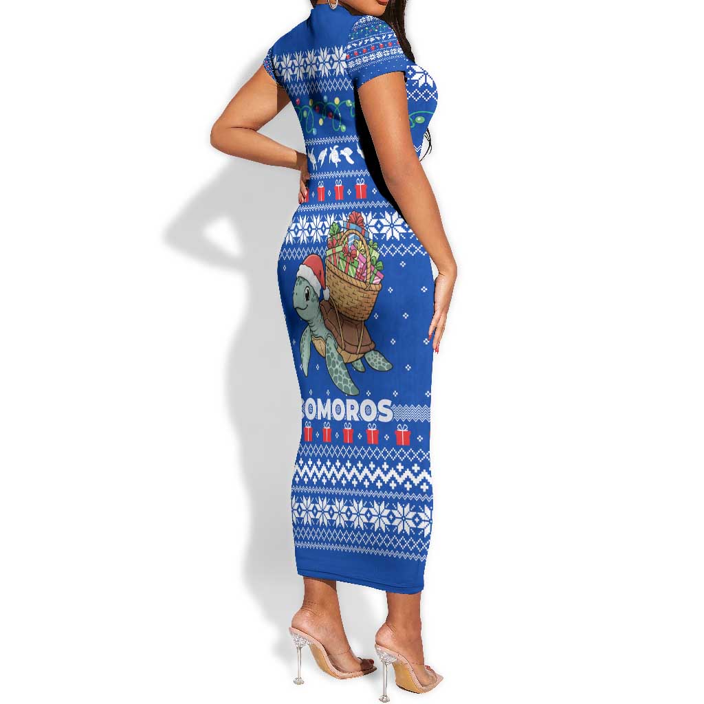 Comoros Christmas Short Sleeve Bodycon Dress Santa Turtle Gifts Snowflakes and Ocean Blue - African Pride
