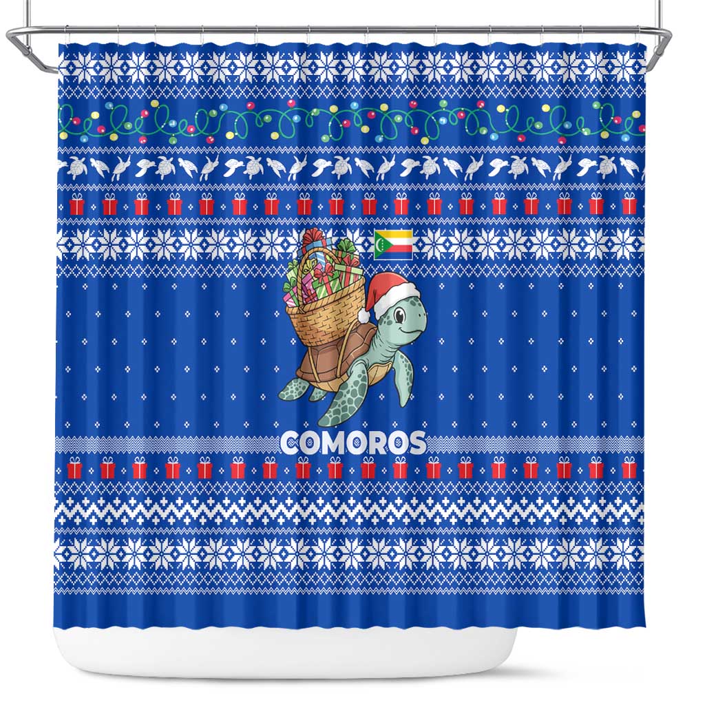 Comoros Christmas Shower Curtain Santa Turtle Gifts Snowflakes and Ocean Blue - African Pride