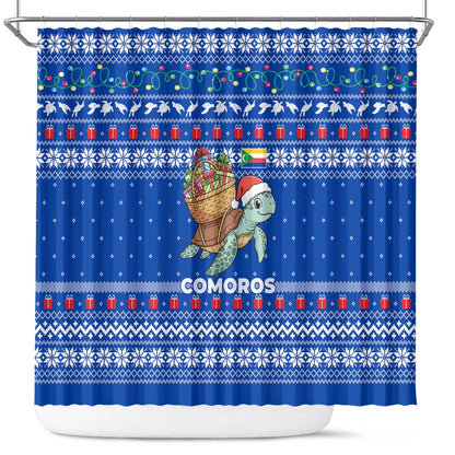 Comoros Christmas Shower Curtain Santa Turtle Gifts Snowflakes and Ocean Blue - African Pride