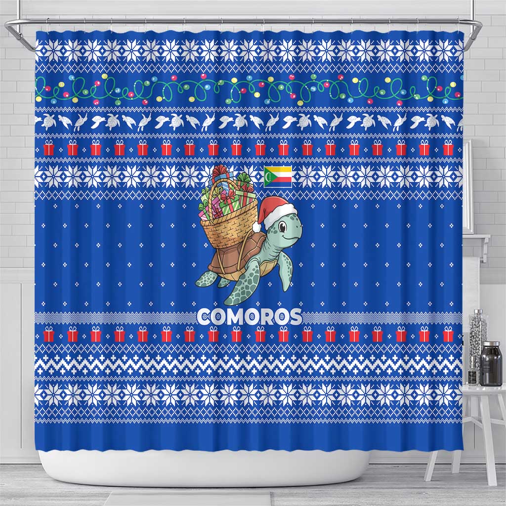 Comoros Christmas Shower Curtain Santa Turtle Gifts Snowflakes and Ocean Blue - African Pride