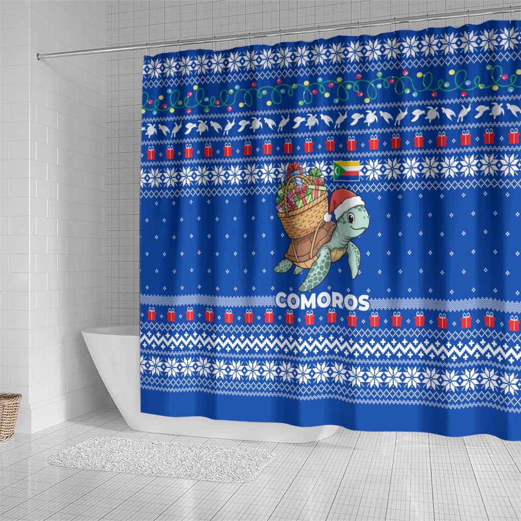 Comoros Christmas Shower Curtain Santa Turtle Gifts Snowflakes and Ocean Blue - African Pride