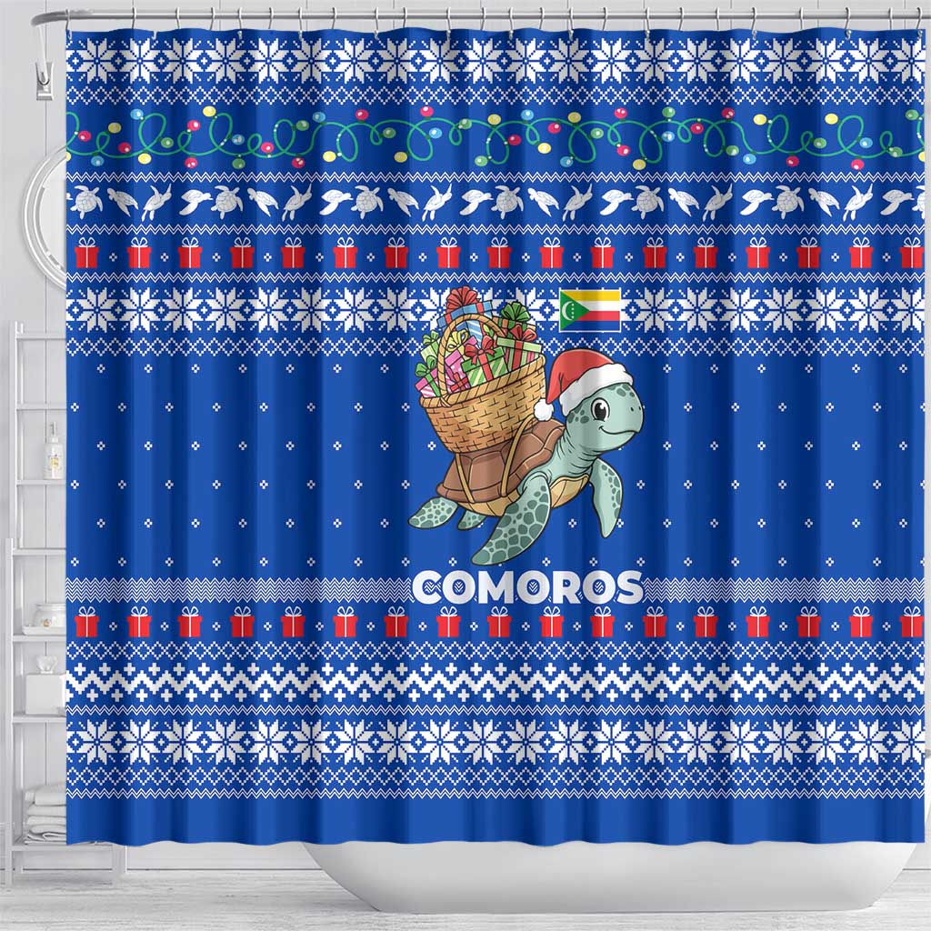 Comoros Christmas Shower Curtain Santa Turtle Gifts Snowflakes and Ocean Blue - African Pride