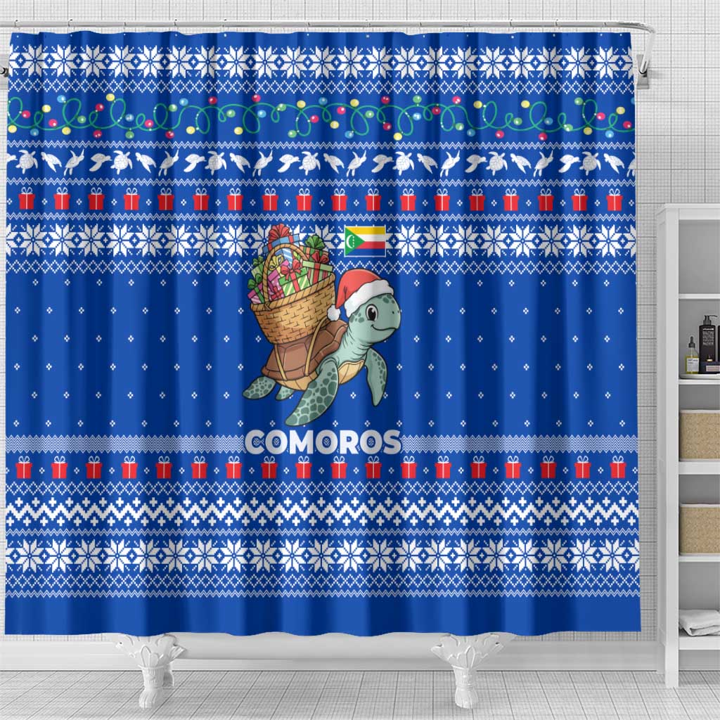 Comoros Christmas Shower Curtain Santa Turtle Gifts Snowflakes and Ocean Blue - African Pride