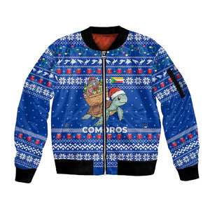 Comoros Christmas Sleeve Zip Bomber Jacket Santa Turtle Gifts Snowflakes and Ocean Blue - African Pride