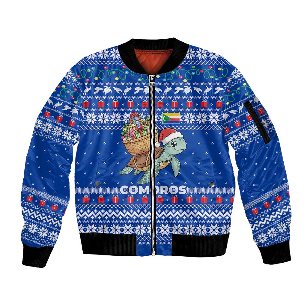Comoros Christmas Sleeve Zip Bomber Jacket Santa Turtle Gifts Snowflakes and Ocean Blue - African Pride