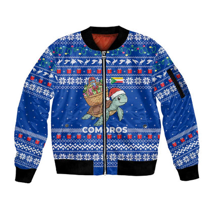 Comoros Christmas Sleeve Zip Bomber Jacket Santa Turtle Gifts Snowflakes and Ocean Blue - African Pride