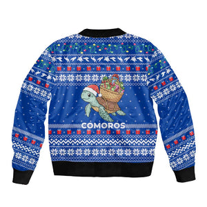 Comoros Christmas Sleeve Zip Bomber Jacket Santa Turtle Gifts Snowflakes and Ocean Blue - African Pride