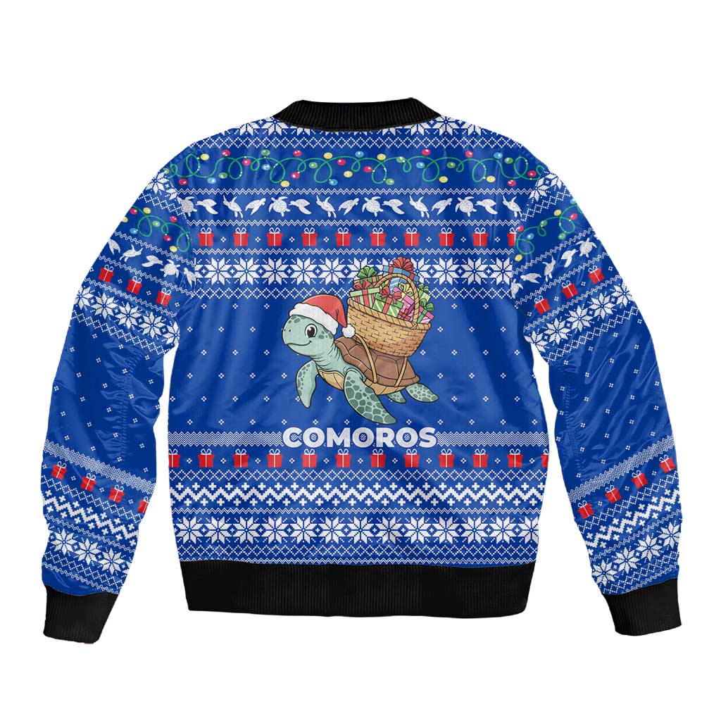 Comoros Christmas Sleeve Zip Bomber Jacket Santa Turtle Gifts Snowflakes and Ocean Blue - African Pride