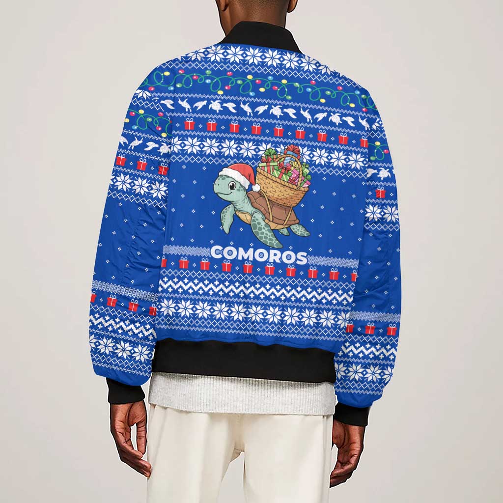 Comoros Christmas Sleeve Zip Bomber Jacket Santa Turtle Gifts Snowflakes and Ocean Blue - African Pride