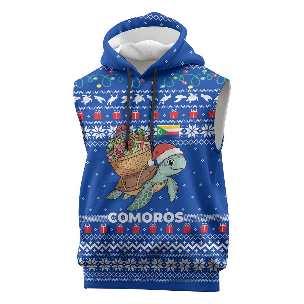 Comoros Christmas Sleeveless Hoodie Santa Turtle Gifts Snowflakes and Ocean Blue - African Pride