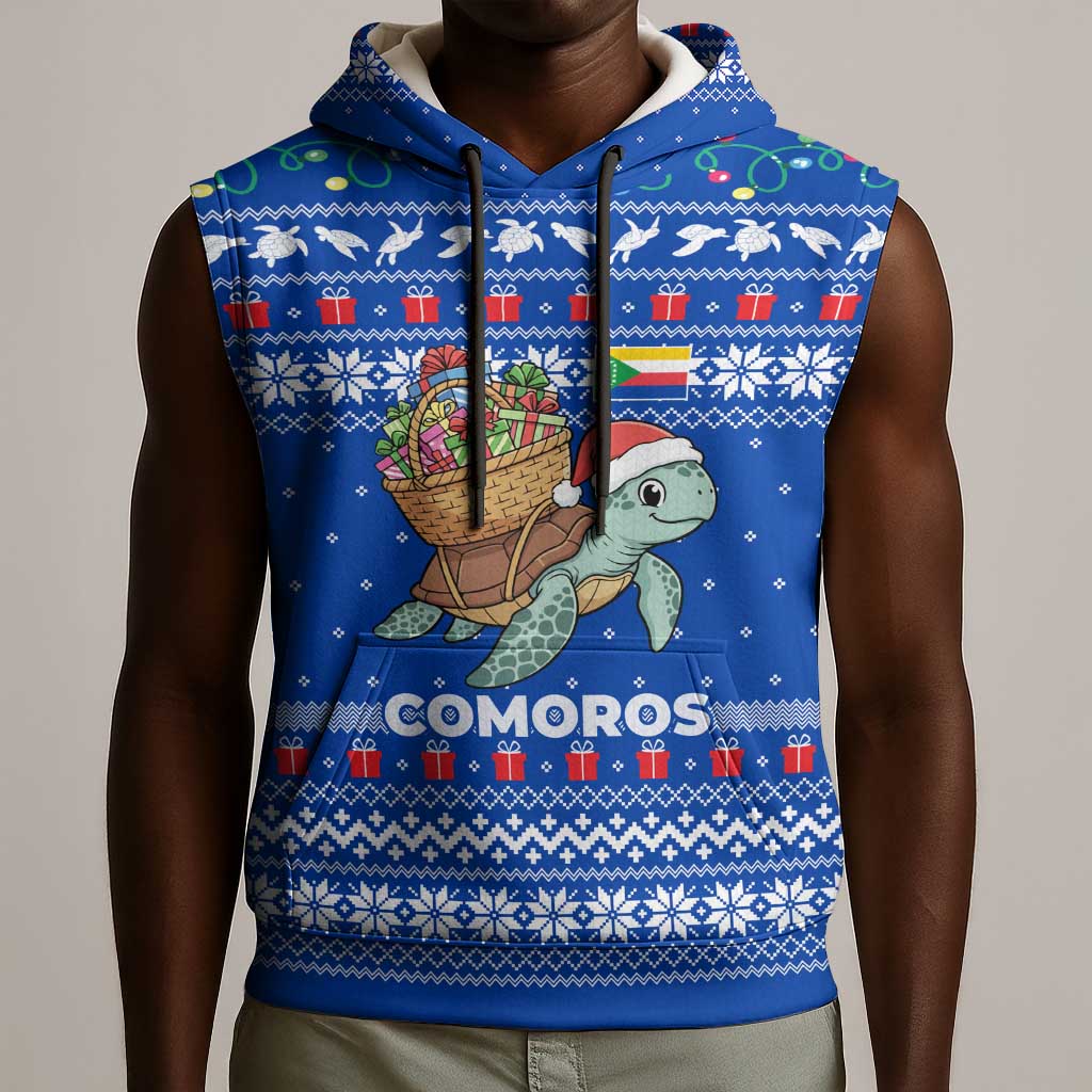 Comoros Christmas Sleeveless Hoodie Santa Turtle Gifts Snowflakes and Ocean Blue - African Pride