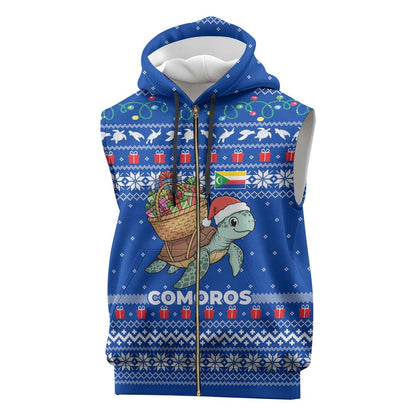 Comoros Christmas Sleeveless Zip Hoodie Santa Turtle Gifts Snowflakes and Ocean Blue - African Pride