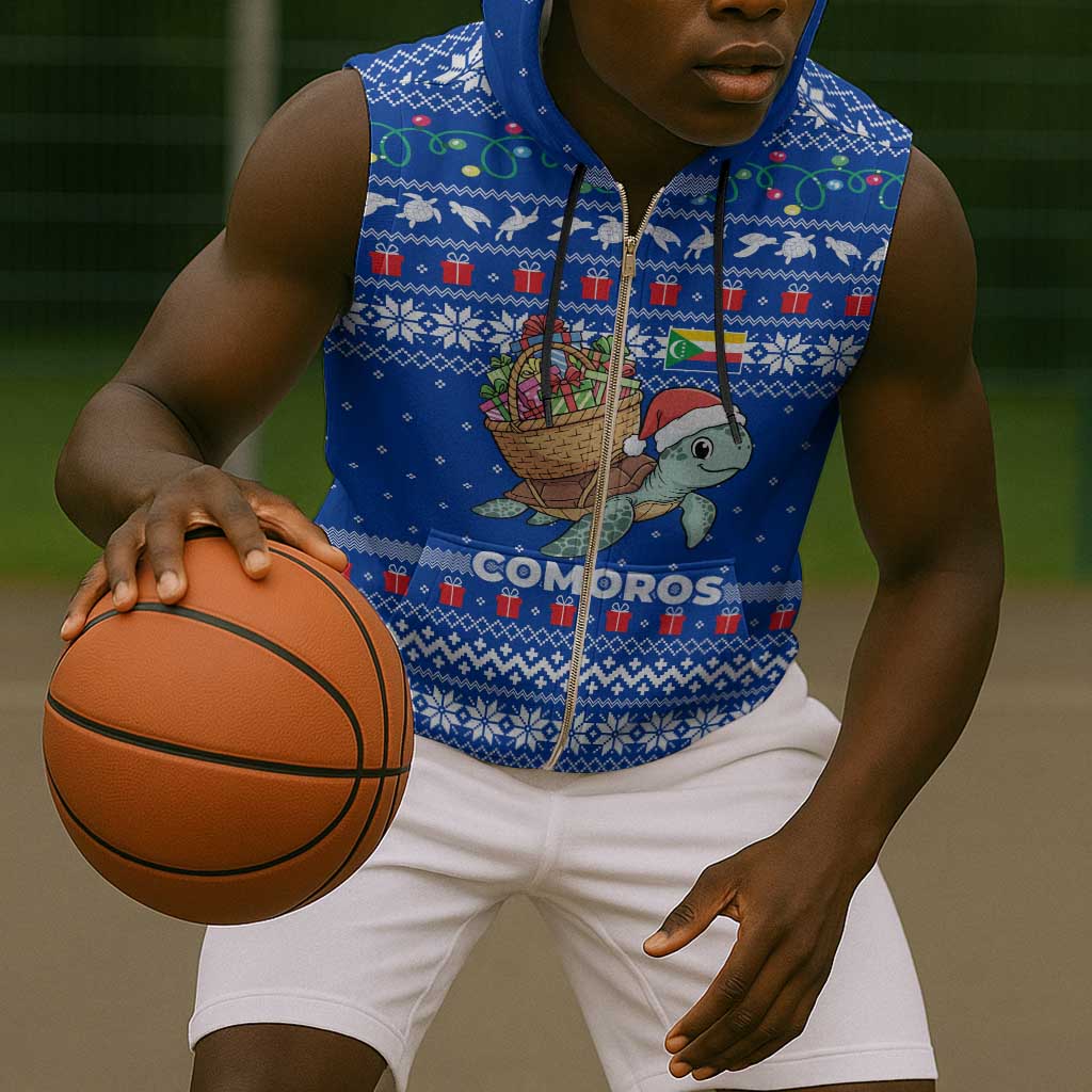 Comoros Christmas Sleeveless Zip Hoodie Santa Turtle Gifts Snowflakes and Ocean Blue - African Pride