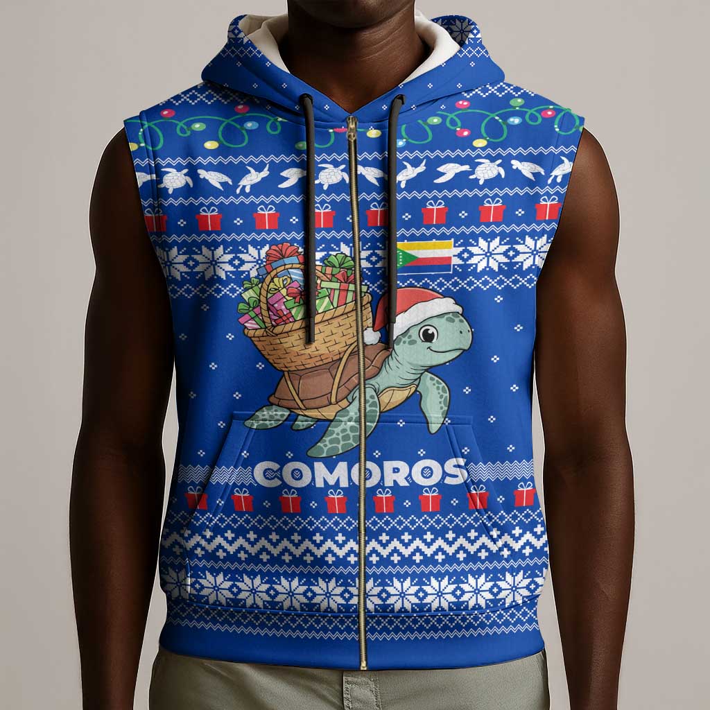 Comoros Christmas Sleeveless Zip Hoodie Santa Turtle Gifts Snowflakes and Ocean Blue - African Pride