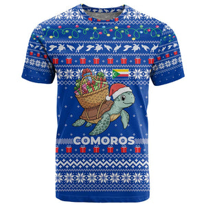 Comoros Christmas T shirt Santa Turtle Gifts Snowflakes and Ocean Blue - African Pride